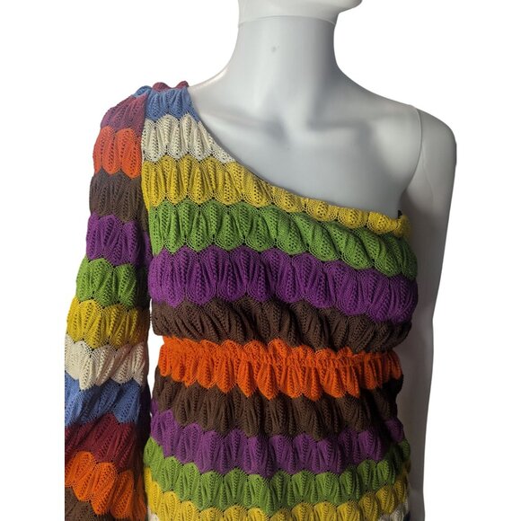 Judith March Mini Dress Sz S Multicolor Striped Crochet Retro Hippie Artsy - Picture 2 of 11